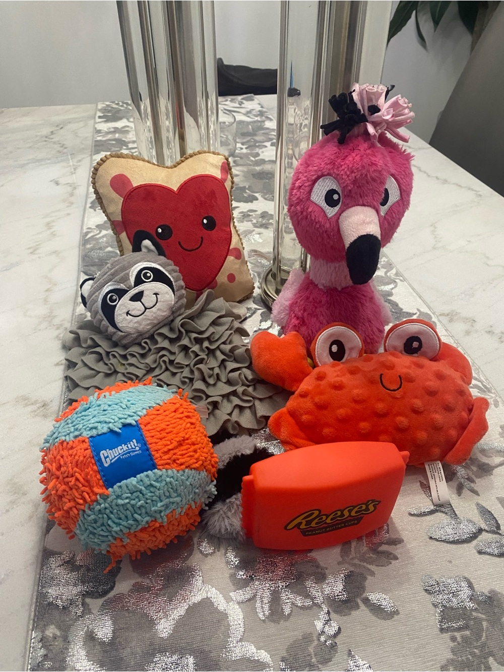 Assorted Plush Dog Toys - Pink Flamingo, Orange Crab, Heart & Ball